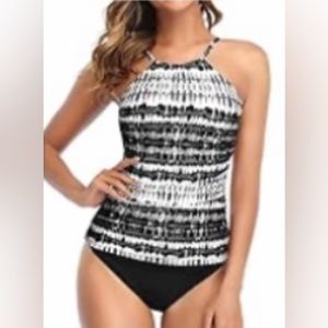Tempt Me-Blk/White 2 Piece-High Neck Tankini Swimsuit Sz:12/14(L)(Buy Now Only)